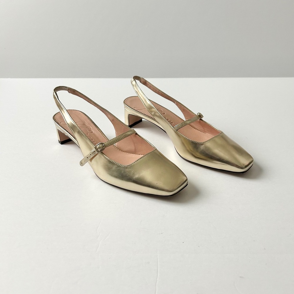 J.Crew Layla Slingback Mary Jane Heels Gold Metallic Specchio Leather Size 8